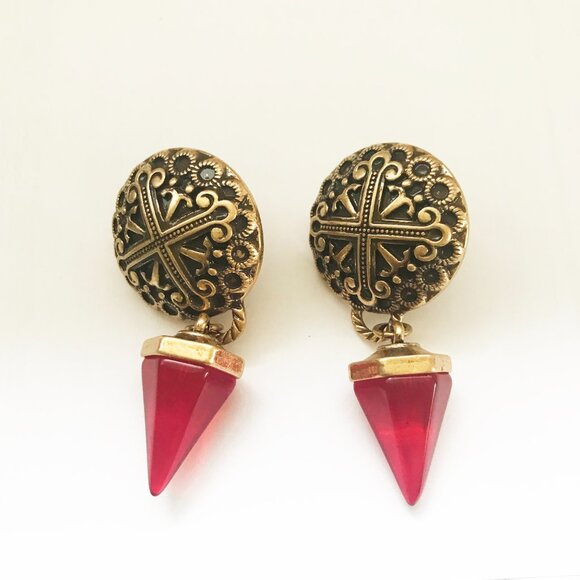 Vintage Carved Triangular Red Dangle Earrings - Picture 2 of 3